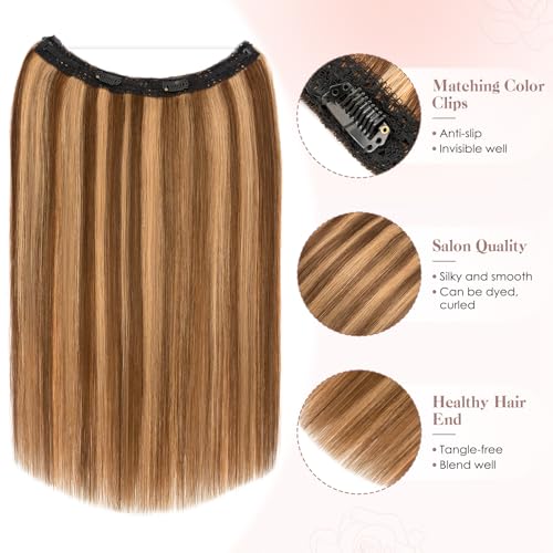 S-noilite Halo Hair Extension Invisible Wire in Real Remy Human Hair Extensions with Clips Adjustable Hidden Wire in Hair Extension for Women 16 inch Medium Brown Highlighted Honey Blonde