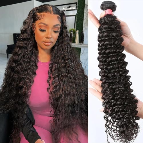 12A Deep Wave Single Bundles Human Hair 16 Inch Brazilian Curly 1 Bundles Human Hair 100% Unprocessed Virgin Wet and Wavy Hair Weave 1B Black