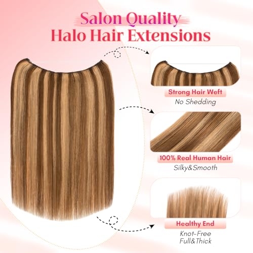 Rich Choices 100% Real Human Halo Hair Extensions for Women Remy Halo Extension Invisible Wire Hairpiece Clip in One Piece Hairpiece Adds Weight 100g 20 Inch #4P27 Medium Brown Highlight Dark Blonde