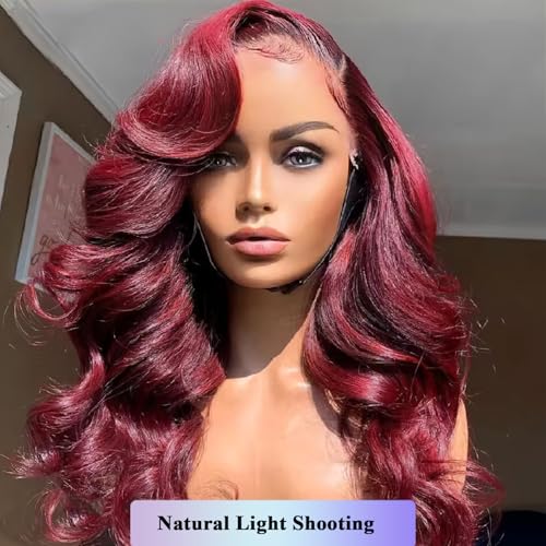 13x4 burgundy lace front wigs human hair Pre Plucked 180 Density HD Body Wave Lace Front Wigs Human Hair Pre Plucked Bleached Knots Transparent Frontal Wigs Human Hair(32inch)