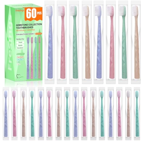 60 Pack Premium Disposable Toothbrush with Tongue Scraper ? Individually Wrapped Bulk Travel Toothbrushes, Soft Bristles for Guests, Hotel, Vacation Rental, Home & On The Go,4 Colors