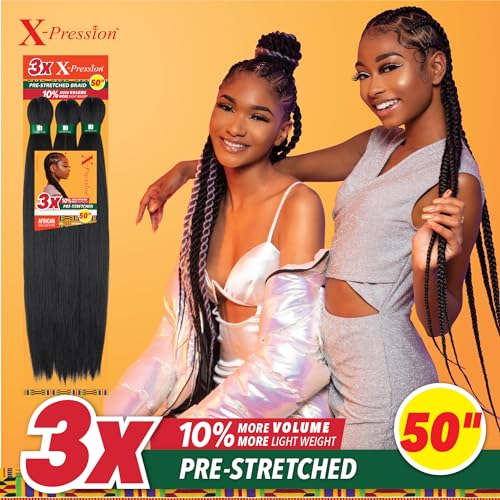 Sensationnel X-pression prestretched braiding hair - 3x braid 50 inch all kanekalon flame retardant synthetic braid for box braids and twists (1 pack, 1B OFFBLACK)