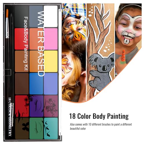 Face Painting Kit Non-toxic Body Paint Washable 18 Colors Facepaint Makeup Kit for Adults with 10 Face Paint Brushes for Halloween Party Cosplay Makeup (Color 001)