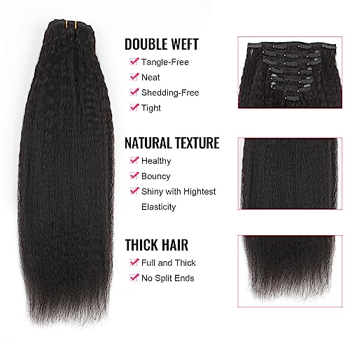 AmazingBeauty Blow Out Clip in Extensions Kinky Straight 8A Grade Thick 100% Remy Hair Natural Black 7 Pieces with 17 Clips 120g/4.2oz per Set Fit For Full Head 22 Inch
