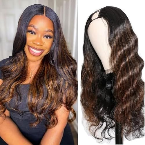 V Part Wig Human Hair Body Wave 1B/30 Highlight Ombre Wigs for Black Women Wear and Go Glueless Human Hair Wig Upgrade U Part Wigs No Sew in No Glue Beginner Friendly 180% Density 24 inch