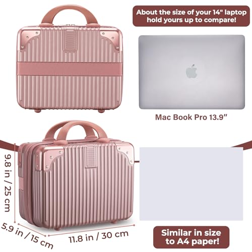 Noverlife 14 Inch Portable Makeup Travel Case Hand Luggage, Pressure-proof ABS Carrying Makeup Case Suitcase with Elastic Band, Small Hard Shell Cosmetic Case for Travel Camping Women Girl - Rose Gold