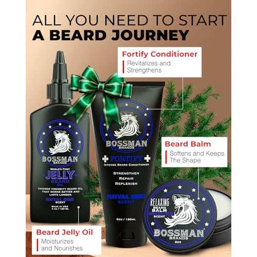 Bossman Essentials Beard Kit for Men, Set of 3 - Beard Oil Jelly, Fortifying Conditioner Cream, Beard Balm - Grooming Growth Care Accessories - Gift Set for Men (Vetiver X)