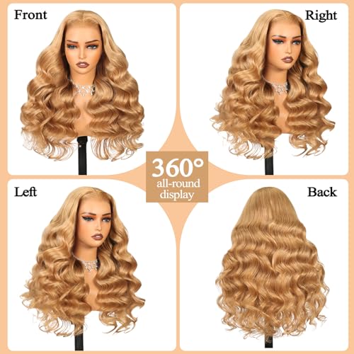 180% Density 13x6 Ash Blonde Lace Frontal Wig Human Hair Honey Blonde Body Wave Lace Frontal Wigs Human Hair 27# Colored Lace Front Wigs For Women Pre Plucked (22inch)