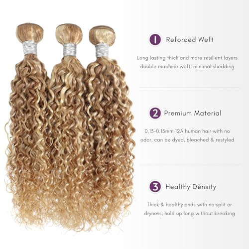 27/613 Ombre Blonde 3 Bundle Human Hair Water Wave 16/18/20 Inch, 13A Grade Highlighted Multi-Blonde Human Hair Wet n Wavy Curly Bundles 100% Raw Brazilian Silky Colored Hair Weaves Extension
