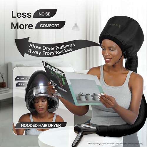 Hooded Hair Dryer Attachment w/A Headband Integrated That Reduces Heat Around Ears & Neck - Hair Dryer Hooded Diffuser Cap for Curly, Speeds Up Drying Time, Deep Conditioning At Home - Portable, Large