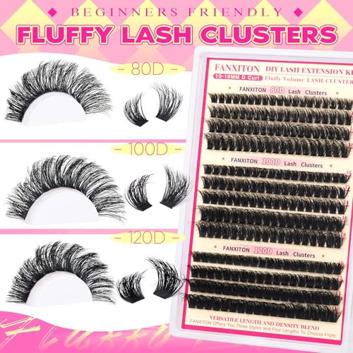 FANXITON Lash Clusters Thick Lash Clusters D Volume Lash Clusters 80D+100D+120D Eyelash Clusters 10-18mm Eye Lash Clusters Wispy Individual Lashes Sweatproof Clusters Eyelash Extensions