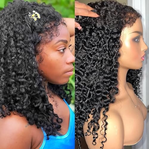 4C Edges Kinky Curly Lace Front Wigs Human Hair 13x4 HD Transparent Lace Frontal Wigs with Curly Edges Baby Hair, Deep Wave Curl Wig Pre-Plucked Hairline 180% Density 20 inch