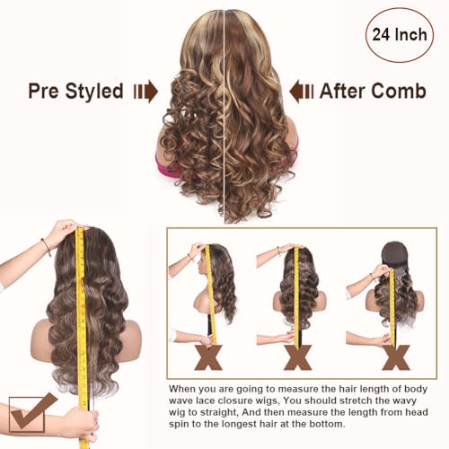 Ombre Highlight Lace Front Wigs Human Hair Honey Blonde 5x5 Pre Cut Lace Front Wigs Human Hair 5x5 HD Lace Closure Wigs For Women 4/27 Glueless Bouncy Body Wave Lace Frontal Wig 180 Density 28 Inch