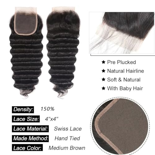 Loose Deep Wave Bundles with Closure(20 22 24+18 Inch,Free Part)100% Raw Human Hair Pre Plucked with Baby Hair 12A Loose Wave Bundles with 4x4 Closure Human Hair Deep Wave