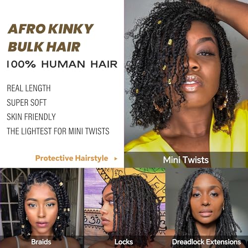 Afro Kinkys Bulk Human Hair -100% Real Human Hair for Mini Twist, Braiding, Loc Extensions & Crochet, Kinky Curly Hair Bundles, Natural Afro Bulk for Dreadlocks(1B, 18 Inch(Pack of 1))