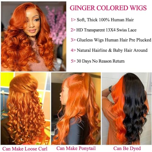 20 Inch Ginger Orange Lace Front Wigs Human Hair 13x4 Body Wave HD Lace Frontal Glueless Human Hair Pre Plucked Hairline Brazilian Colored Wig 180% Density