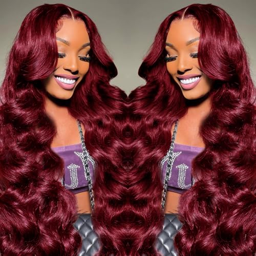 Gemlong 30 Inch 99J Burgundy Lace Front Wigs Human Hair Body Wave 13x4 HD Transparent Pre Plucked Glueless Lace Frontal Wig Human Hair 200% Density Red Wine Colored Human Hair Wigs for Women