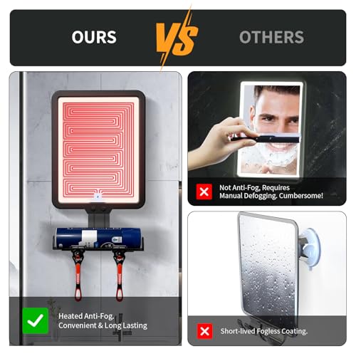 Heated Shower Mirror Fogless for Shaving, Fog Free Large 9.5 * 7inch Shower Shaving Mirror with Light, Rechargeable Anti-Fog Shower Mirror with Storage Tray & Razor Holders