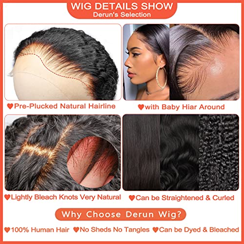 Derun 13x6 Real HD Lace Front Wig Human Hair 180% Density Straight Virgin Hair Invisible 0.1mm Ultra-thin Swiss Lace Glueless Bleached Knots Clean Hairline with Baby Hair for Women (18 Inch, 13¡¿6 ST)