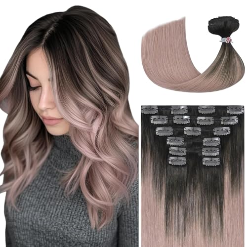 Ukira Ombre Hair Extensions for Women Real Human Hair, 20 Inch 120g 7pcs Dark Brown Fading to Pink Grey Clip in Hair Extensions Real Human Hair, Soft Straight Remy Human Hair Clip ins