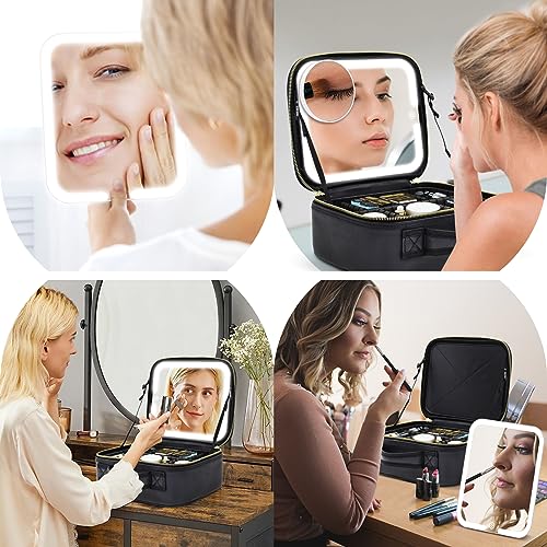 Makeup Bag with Magnetic Detachable Lighted Mirror 360¡Æ Swivel Angle, Travel Makeup Bag with Lights Portable Makeup Case Organizer with Mirror, Partition Cosmetic Bag Tools Accessories Train Case Gift