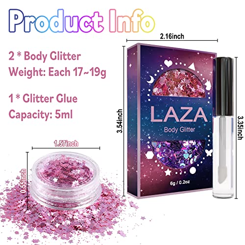 Laza Body Glitter, 2 Jars Holographic Chunky Sequins with Glitter Glue Perfect for Women Eyeshadow Makeup Face Paint Festival Rave outfits Hair Accessories Carnival Party Costumes - Bright Gold Silver