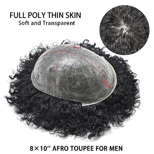 Afro Curly Toupee 0.1mm PU Base Human Hair Units for Black Men African American Afro Wavy Black Mens Hair System Brazilian Hair Wig8"X10"#1B Off Black-8mm Wave