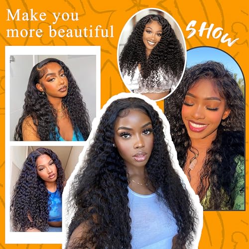 13x4 Deep Wave Lace Front Wigs Human Hair 200% Density Black Curly Human Hair Wig Long Natural Wigs for Black Women Transparent Lace Frontal Wig for Daily Wear 30 Inch