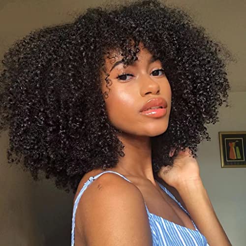 Afro Kinky Curly Wig With Bangs 200 Density Full Machine Made Human Hair Wig Scalp Top Wig Brazilian Short Curly Wigs For Black Women Natural Color 14 Inch