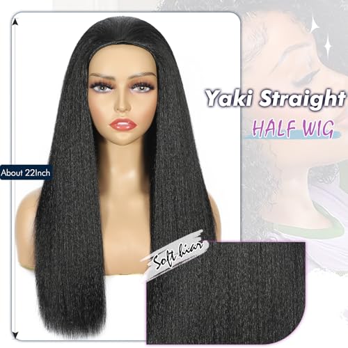 Synthetic Half Wig, 3 In 1 Yaki Straight Wig For Black Women, Seamless Flip Over Half Wigs Glueless Wear and Go Beginner Friendly Black Yaki Straight Drawstring Headband Wig 22 Inch