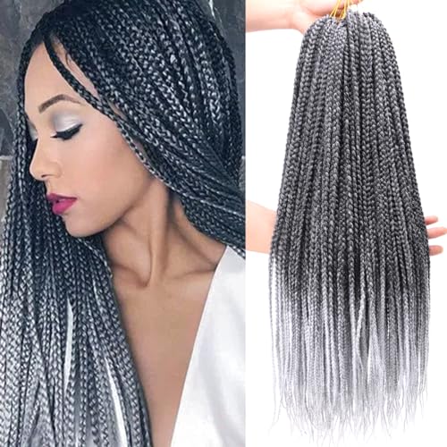 Box Braids Crochet Hair Pre looped 24 Inch Ombre Gray Crochet Box Braids for Black Women 6 Packs Goddness Knotless Crochet Braids Grey Fiber Braiding Hair Extensions(TGrey#)