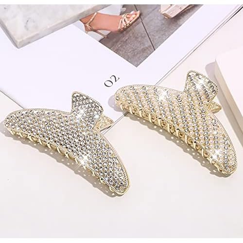 2 Pack Large Rhinestone Hair Clips, Crystal Pearl Hair Claw Clips, Black Gold Jumbo Jaw Clip, Nonslip Hair Claw for Thick Long Hair, Fashion Hair Clamp Accessories for Women Girls