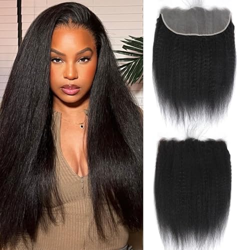 13x6 Lace Frontal Human Hair Kinky Straight 22 Inch HD Transparent Ear to Ear Lace Closure With Baby Hair Free Part 100% Virgin Human Hair Frontal Natural Black