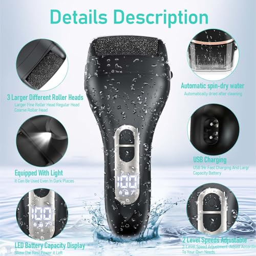 Callus Remover for Feet - with Larger Grinding Head, Portable Pedicure Kit Foot File Callus Remover, Rechargeable Waterproof Foot File for Foot Care Deadskin Remover LCD Display-2pcs
