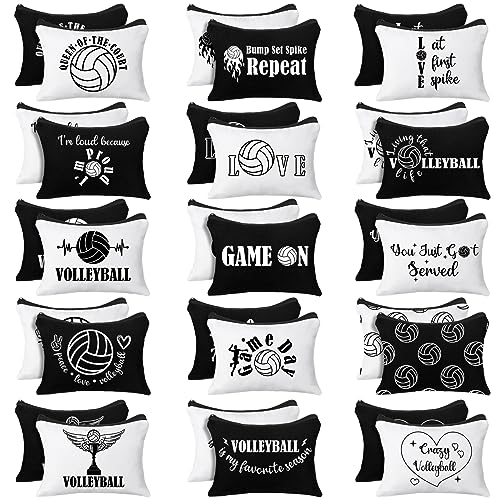 Irenare 30 Pcs Volleyball Cosmetic Bag Gifts for Women Stuff Volleyball Players Teams Travel Pouch Canvas Makeup Bags for Team Gifts(Black, White,Volleyball)