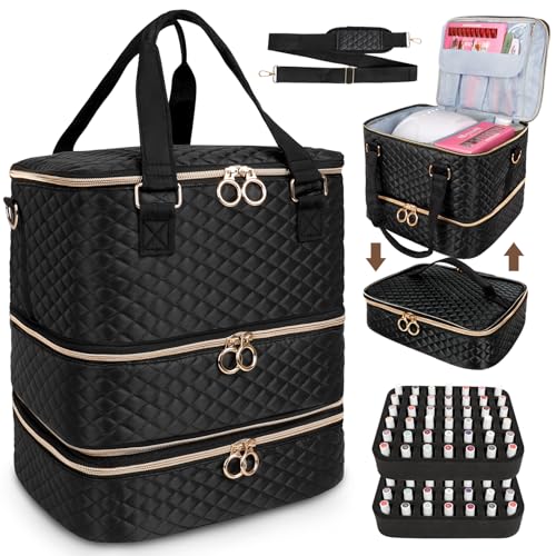 Nail Polish Organizer Bag, 3 Layers Nail Kit Organizers and Storage Case Holds 84 Bottles(15ml/0.5fl.oz)& Nail Lamp, Large Shoulder Bag Travel Carrying Case Box for Nail Supplies