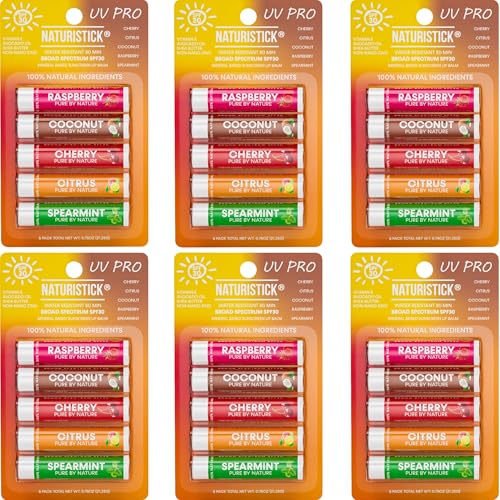 Naturistick SPF 30 Vegan Lip Balm ? Mineral Sunscreen (Zinc Oxide) | Broad Spectrum UVA/UVB | 100% Natural, Coral-Friendly Formula | 30-Pack Raspberry, Coconut, Cherry, Citrus, Spearmint | Made in USA