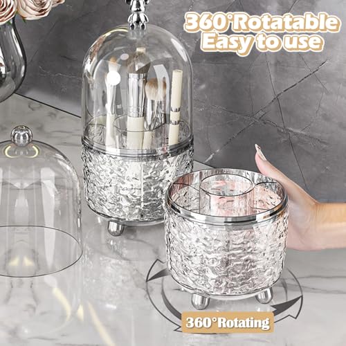 Makeup Brush Holder Organizer with Lid, 360¡ÆRotating Dustproof Makeup Brushes Organizer, 4 Compartment Make Up Brushes Cup for Vanity Desktop Bathroom Countertop (Transparent)