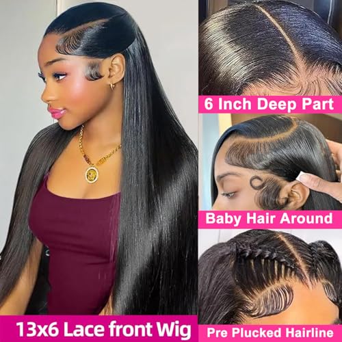 28 Inch 13x6 Lace Front Wigs Human Hair Pre Plucked HD Straight Lace Front Wigs Human Hair 180% Density Frontal Wig Human Hair Natural Black Natural Black