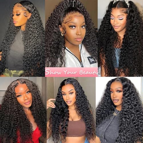 30 Inch Water Wave Lace Front Wigs Human Hair 10A Deep Curly 13x4 HD Transparent Lace Front Wigs Pre Plucked Glueless Wigs Human Hair for Women 180% Density (Natural Color)