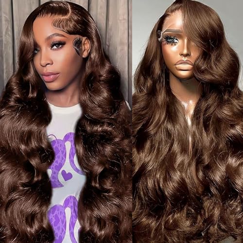 Chocolate Brown Lace Front Wig 13x6 HD Body Wave Lace Front Wigs Human Hair Pre Plucked Colored Frontal Glueless Brown Human Hair Wig for Women with Baby Hair 180% Density 30 Inch