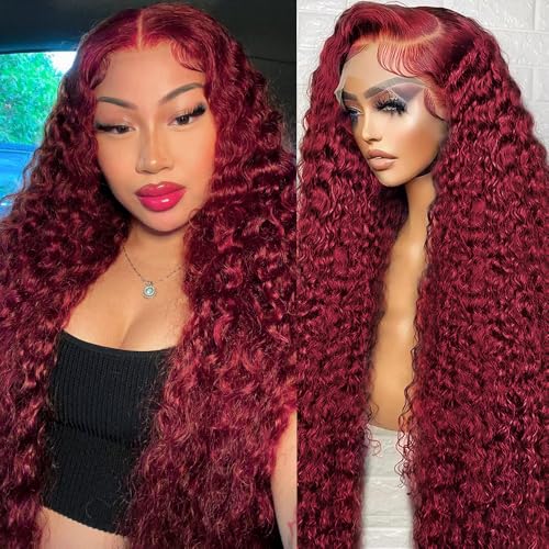 99J Burgundy Lace Front Wigs Human hair Deep Wave 13x6 HD Lace Frontal Wigs Human Hair Pre Plucked 200 Density Wine Red Colored 99J Curly human Wig with Baby Hair 26 inch Glueless Wig
