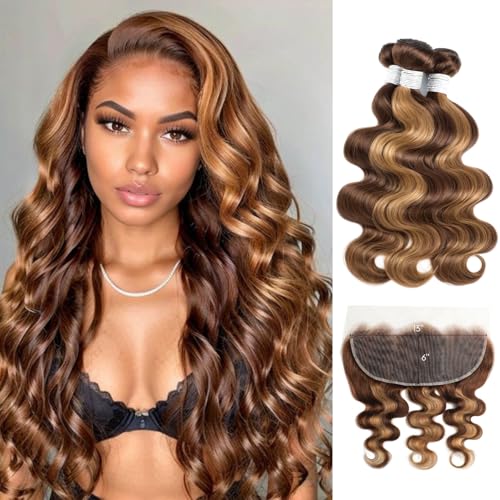 Honey Blonde Highlight 3 Bundles with 13x6 Frontal Human Hair 16 18 20+14 Inch, 12A Thick Track Body Wave Bundles With HD Lace Closure Frontal 13x6#P4/27 Brown Ombre Wavy Weave 100% Virgin Hair
