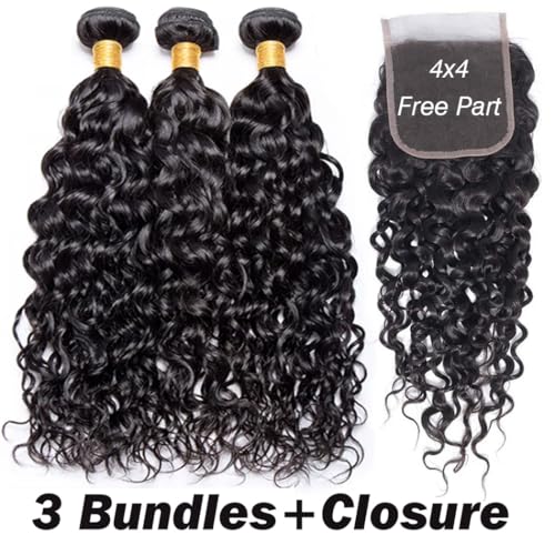 Brazilian Virgin Human Hair Water Wave Bundles with 4x4 Lace Closure (22 24 26+20, Free Part) Burmese Curly Human Hair Bundles with Closure Natural Color