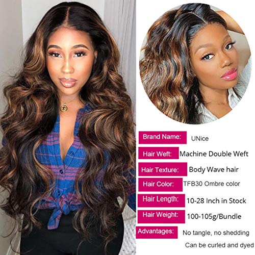 UNice Ombre Brown Highlight Body Wave Human Hair Weave 1 bundle 28 inch, Brazilian Remy Hair Dark Root Blonde Human Hair Weaves Extension Piano Color TFB30