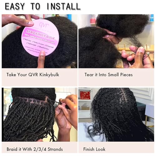 QVR Afro Kinkys Bulk Human Hair for Dreadlock Extensions Repair Locs, Twist Braiding Afro Kinky Human Hair for Locs Natural Black Color 12 inch 4 Packs 200 Gram