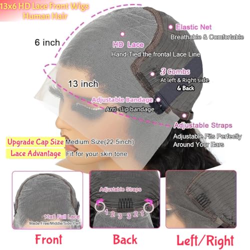 Deep Wave Lace Front Wigs Human Hair 13x6 HD Lace Front Wigs for Black Women 34 Inch Curly Frontal Wig Pre plucked Wet and Wavy Glueless Wig with Baby Hair 180% Density Natural Color