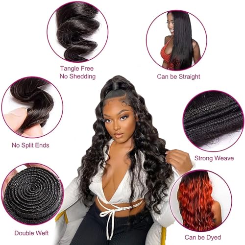 Loose Wave Bundles 12A Brazilian Human Hair Loose Wave 3 Bundles 100% Unprocessed Brazilian Virgin Hair Loose Deep Wave Human Hair 3 Bundles Natural Black Weave Hair Extensions