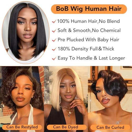 Bob Wig Human Hair 14 Inch Straight Bob Wig Human Hair 180% Density 13x4 Lace Front Wigs Human Hair Natural Color Glueless Wigs for Black Women