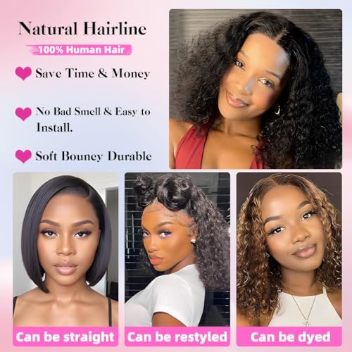 ISWEET HD Glueless Wigs Human Hair Pre Plucked Pre Cut Bob 4x4, 16 Inch Burgundy 210% Density Hairline Curly Bob Wig Human Hair, Wear and Go Deep Wave Lace Front Wigs Human Hair for Black Women
